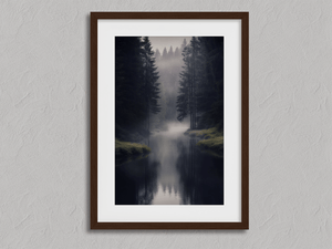 Framed misty evergreen forest print by Atelier Lumin