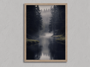 Framed misty evergreen forest print by Atelier Lumin