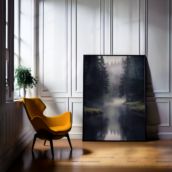 Framed wall art of a misty evergreen forest reflected on still waters. A serene, ethereal woodland print. Ready to hang.