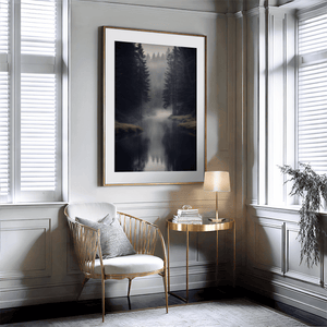 Misty evergreen forest wall art styled in a calm neutral interior