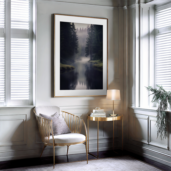 Framed wall art of a misty evergreen forest reflected on still waters. A serene, ethereal woodland print. Ready to hang.