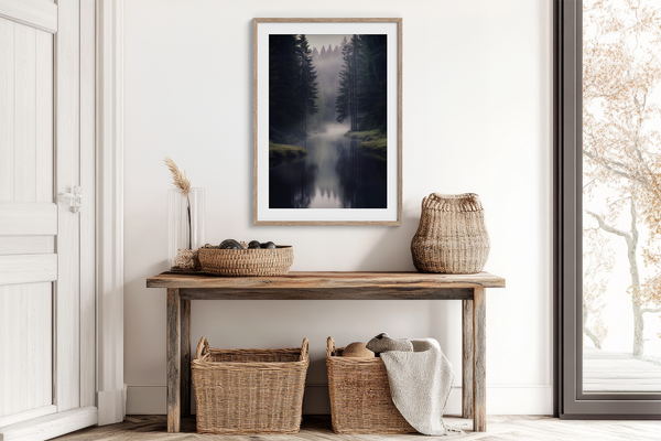 Framed wall art of a misty evergreen forest reflected on still waters. A serene, ethereal woodland print. Ready to hang.