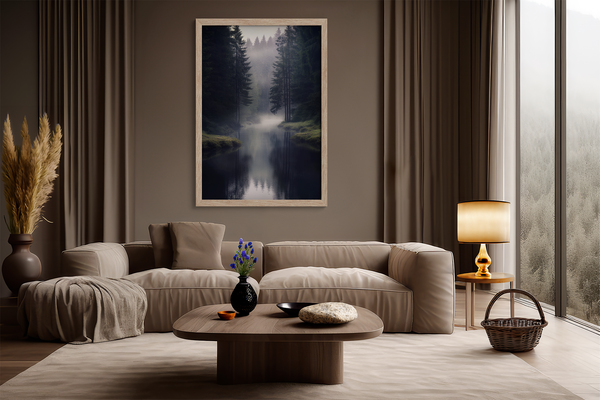 Framed wall art of a misty evergreen forest reflected on still waters. A serene, ethereal woodland print. Ready to hang.