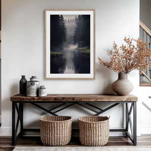 Framed wall art of a misty evergreen forest reflected on still waters. A serene, ethereal woodland print. Ready to hang.
