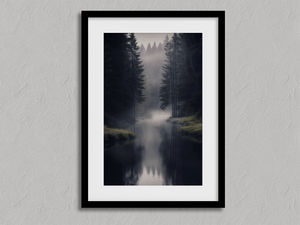 Framed misty evergreen forest print by Atelier Lumin