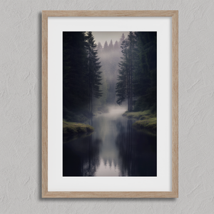 Framed wall art of a misty evergreen forest reflected on still waters. A serene, ethereal woodland print. Ready to hang.