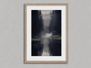Framed misty forest wall art print with evergreens and water reflections