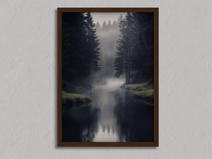 Framed misty evergreen forest print by Atelier Lumin
