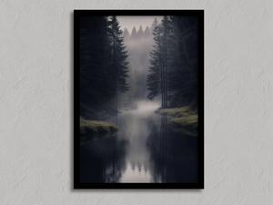 Framed misty evergreen forest print by Atelier Lumin