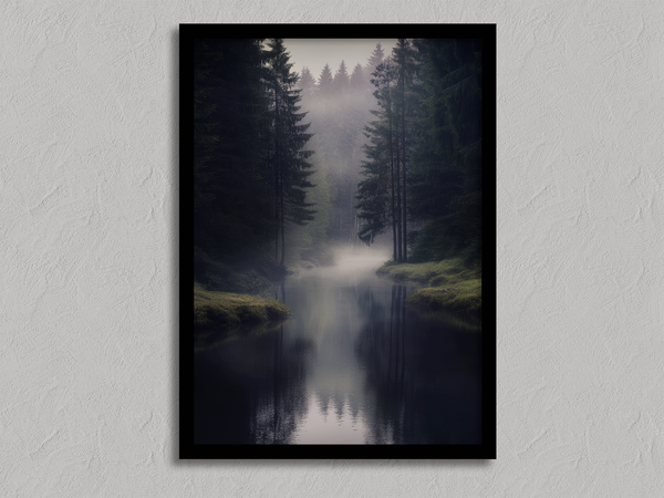 Framed wall art of a misty evergreen forest reflected on still waters. A serene, ethereal woodland print. Ready to hang.