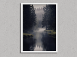 Ethereal Dawn – Misty Forest Wall Art Print in a white frame, no mount