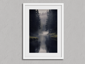 Ethereal Dawn – Misty Forest Wall Art Print in a white frame with a mount