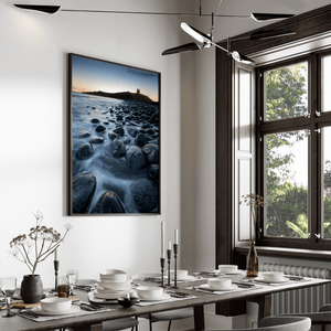 Dunstanburgh Castle sunrise wall art styled in a calm neutral interior