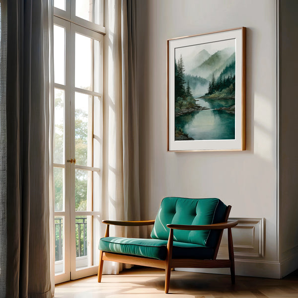 Teal armchair in a room with large windows and a framed fine art landscape painting on the wall.