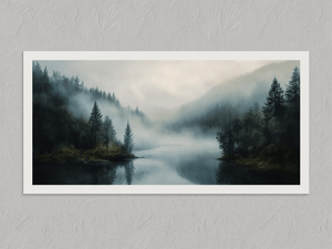 Forest Hush – Misty Forest Lake Wall Art Print, unframed print with a white border