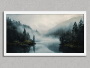 Forest Hush – Misty Forest Lake Wall Art Print in a white frame, no mount
