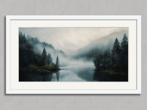 Forest Hush – Misty Forest Lake Wall Art Print in a white frame with a mount
