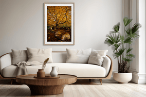 Autumn woodland wall art print styled in a calm neutral interior