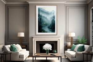 Misty woodland wall art print styled in a calm neutral interior