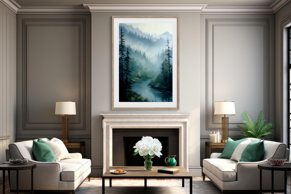 Framed wall art of a misty woodland with tall pines and a winding river. Soft greens and blues to bring calm to your home.