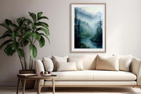 Framed wall art of a misty woodland with tall pines and a winding river. Soft greens and blues to bring calm to your home.