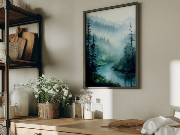 Framed wall art of a misty woodland with tall pines and a winding river. Soft greens and blues to bring calm to your home.