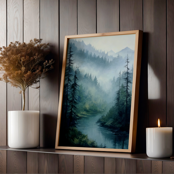 Framed wall art of a misty woodland with tall pines and a winding river. Soft greens and blues to bring calm to your home.