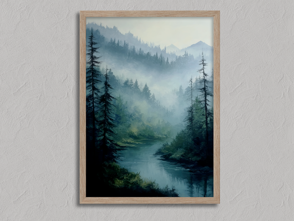 Framed wall art of a misty woodland with tall pines and a winding river. Soft greens and blues to bring calm to your home.