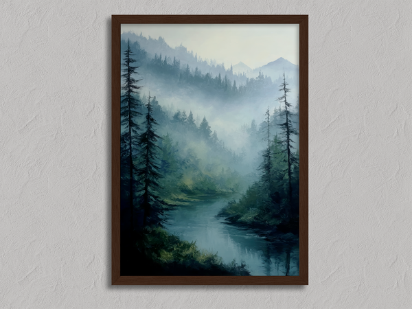 Framed wall art of a misty woodland with tall pines and a winding river. Soft greens and blues to bring calm to your home.