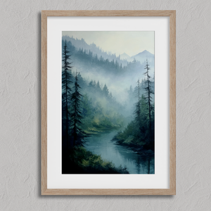 Framed wall art of a misty woodland with tall pines and a winding river. Soft greens and blues to bring calm to your home.