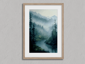 Framed misty woodland wall art print with tall pines and winding river