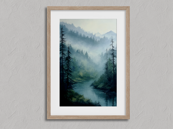Framed wall art of a misty woodland with tall pines and a winding river. Soft greens and blues to bring calm to your home.