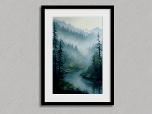 Framed misty watercolour woodland print by Atelier Lumin
