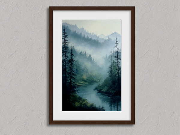 Framed wall art of a misty woodland with tall pines and a winding river. Soft greens and blues to bring calm to your home.