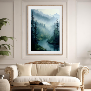 Framed wall art of a misty woodland with tall pines and a winding river. Soft greens and blues to bring calm to your home.