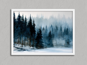 Frosted Pines – Winter Forest Wall Art Print in a white frame, no mount
