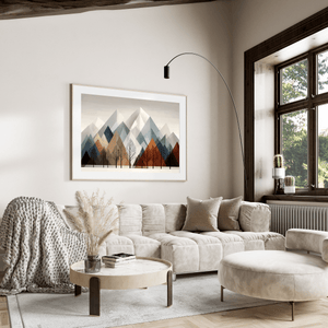 Winter mountain wall art print styled in a calm neutral interior