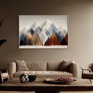 Canvas wall art of snowy mountains and bare trees in soft winter tones. A minimalist, calming winter landscape print. Ready to hang.