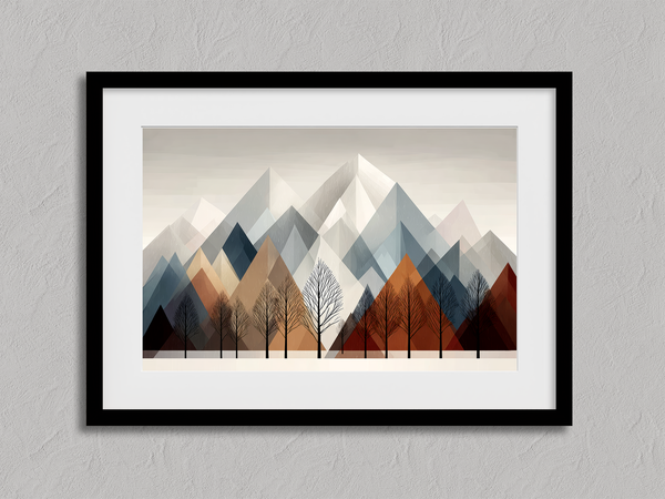 Canvas wall art of snowy mountains and bare trees in soft winter tones. A minimalist, calming winter landscape print. Ready to hang.