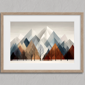 Canvas wall art of snowy mountains and bare trees in soft winter tones. A minimalist, calming winter landscape print. Ready to hang.
