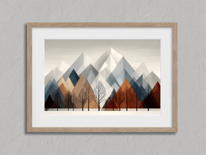 Minimalist winter mountain wall art print with snow-dusted peaks and blue grey tones