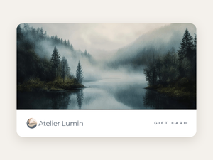 Atelier Lumin gift card featuring the Forest Hush misty forest lake watercolour