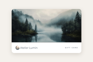 Atelier Lumin gift card featuring the Forest Hush misty forest lake watercolour