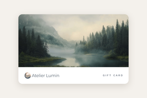 Atelier Lumin gift card featuring the Mist Between the Pines misty mountain river watercolour