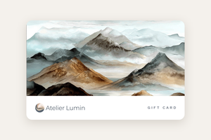 Atelier Lumin gift card featuring the Whispering Peaks soft mountain watercolour