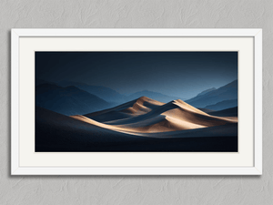 Gilded Silence – Desert Landscape Wall Art Print in a white frame with a mount