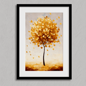 Framed wall art of a golden autumn tree in a minimalist cubist style. Soft, serene, and ready to hang.