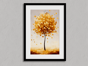 Framed minimalist autumn tree wall art print in gold ochre and beige tones