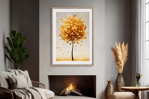Minimalist autumn tree wall art styled in a calm neutral interior