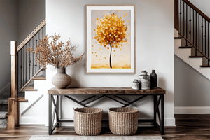 Minimalist autumn tree wall art styled in a calm neutral interior